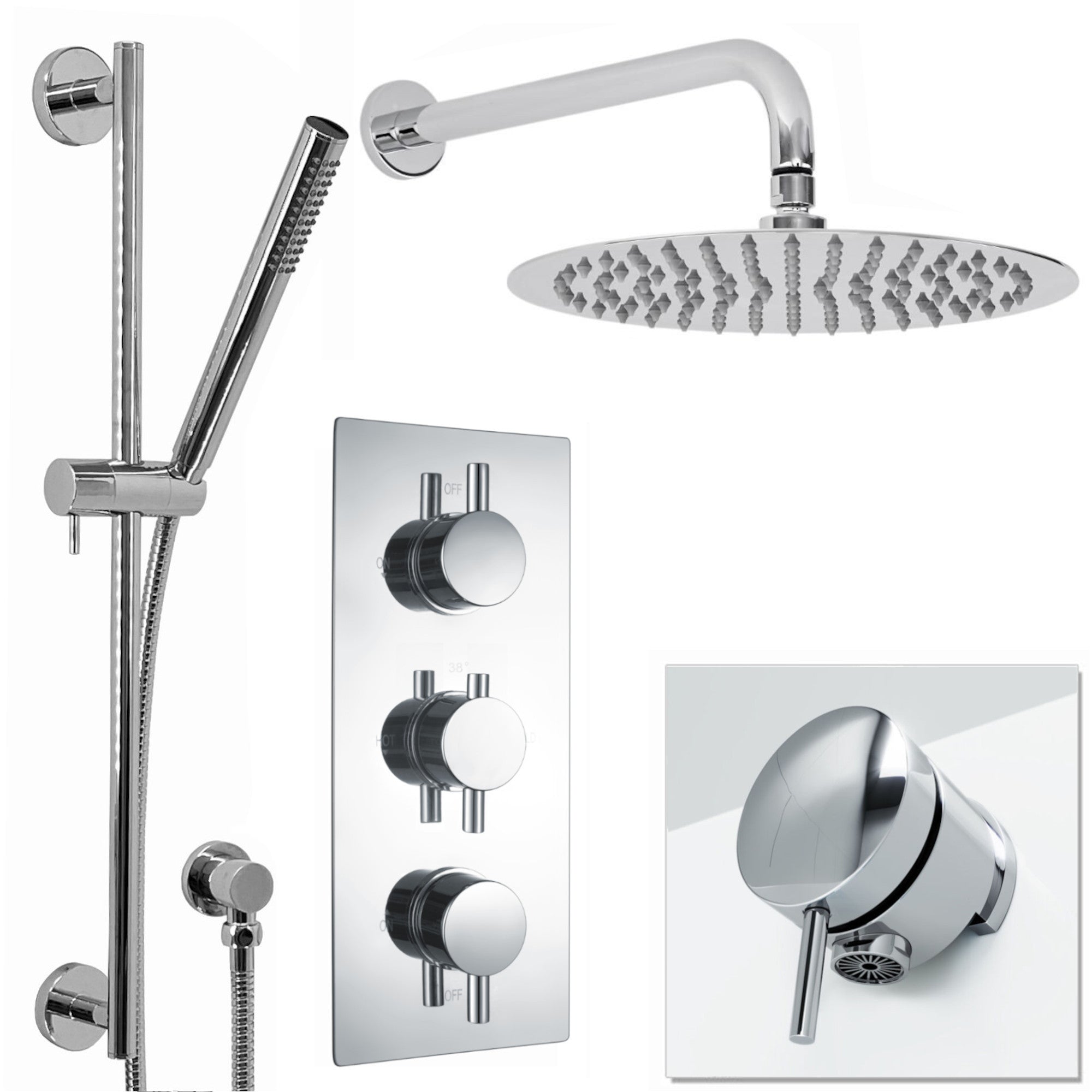 Venice Contemporary Round Concealed Thermostatic Shower Set Incl. Triple Diverter Valve, Wall Fixed 8" Shower Head, Slider Rail Kit, Bath Filler Waste with Overflow - Chrome (3 Outlet)